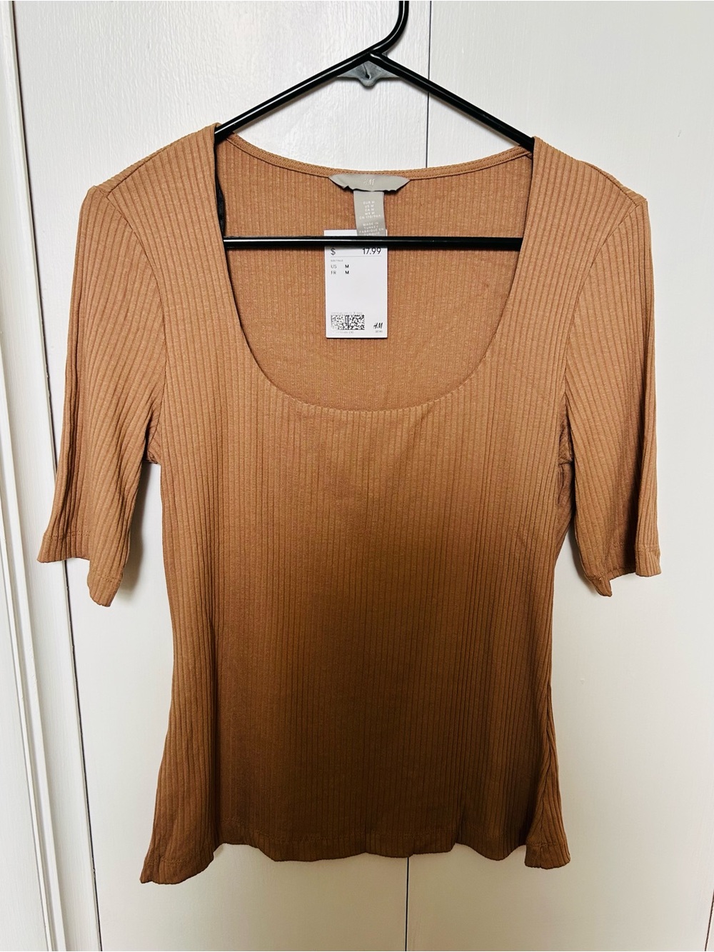 H&M Ribbed Scoop Neck Short Sleeve Top - Camel Brown